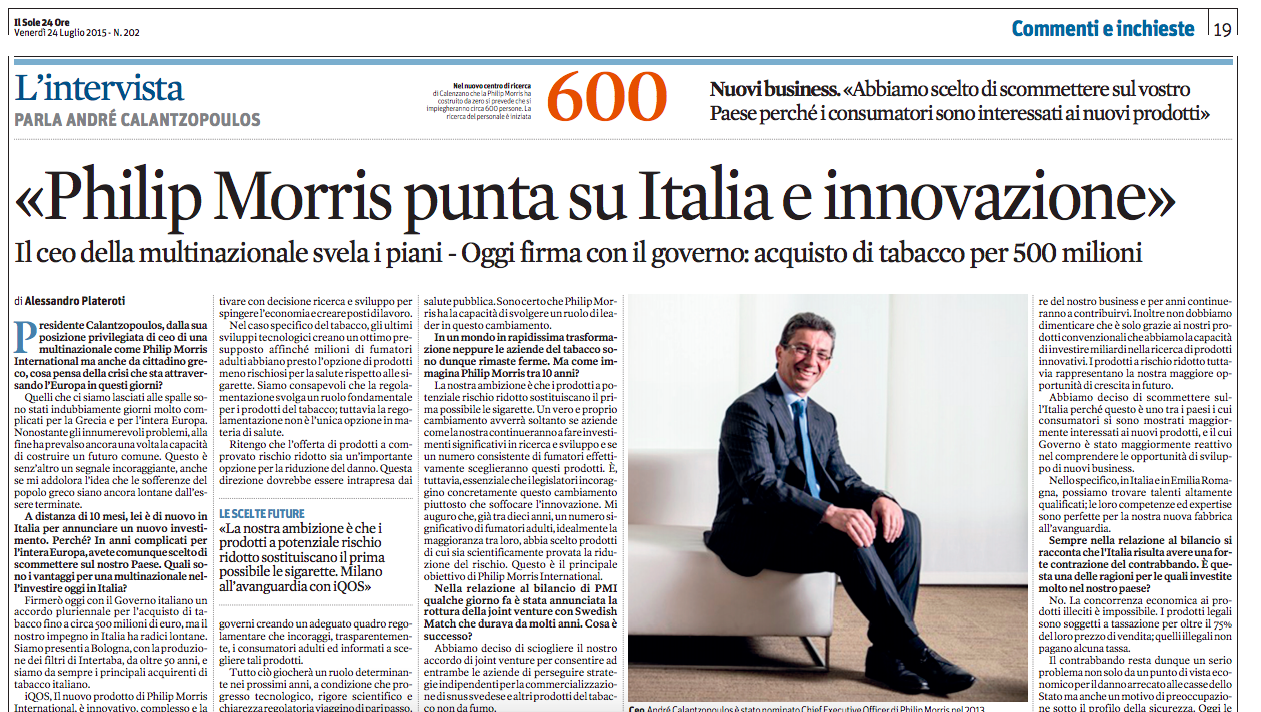 Calantzopoulos: PMI punta su iQOS ed ecig. Il Sole 24 Ore lo spiega bene…